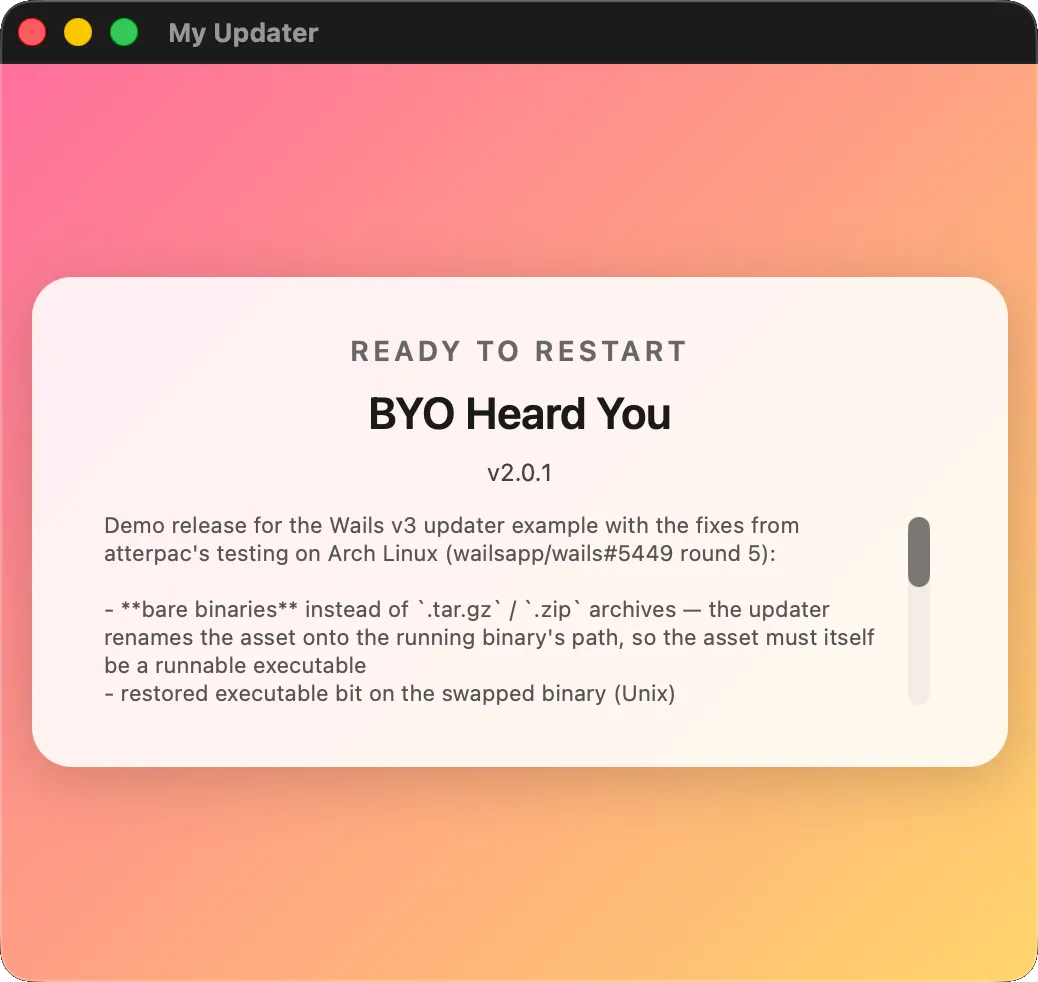 A bring-your-own updater window with a pink-orange gradient background and a custom rounded card layout, demonstrating that the default UI is fully replaceable.