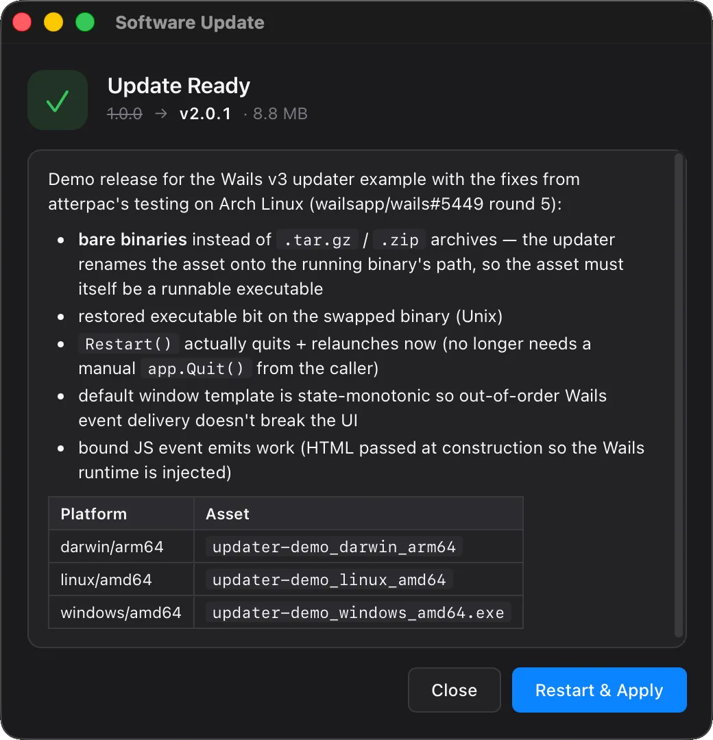 Default updater window in the Update Ready state, showing the version pill, Markdown-rendered release notes, and the Restart & Apply primary button.