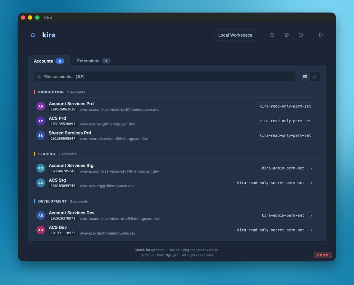 Kira's multi-account overview — production, staging, and development accounts in one place