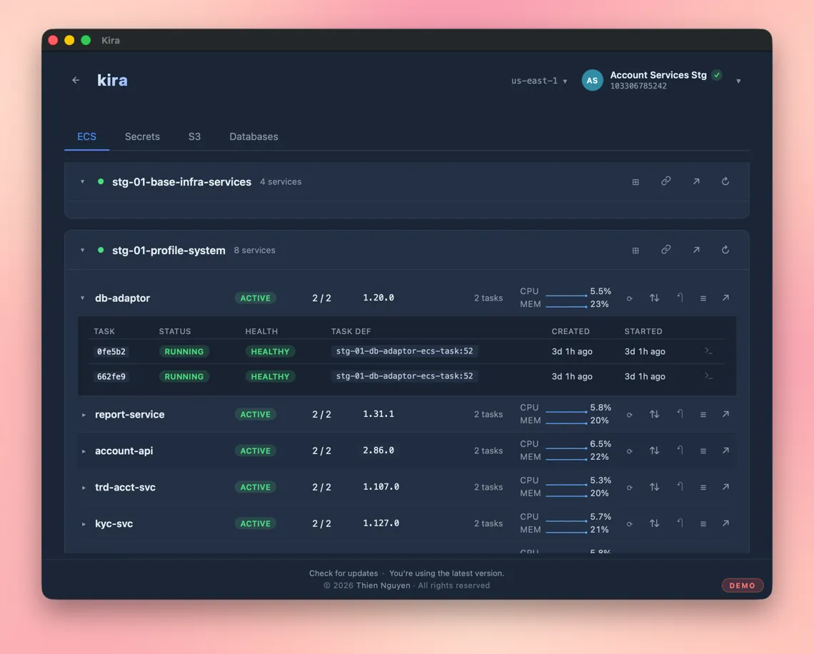 Kira browsing ECS services with live metrics
